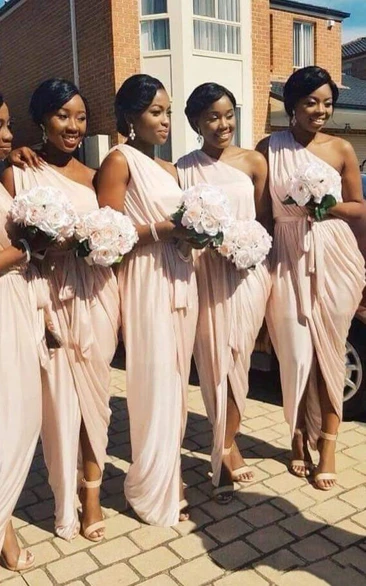blue dress for baby girl One Shoulder Unique Peach Chiffon Floor Length Slit Bridesmaid Dress main image 0