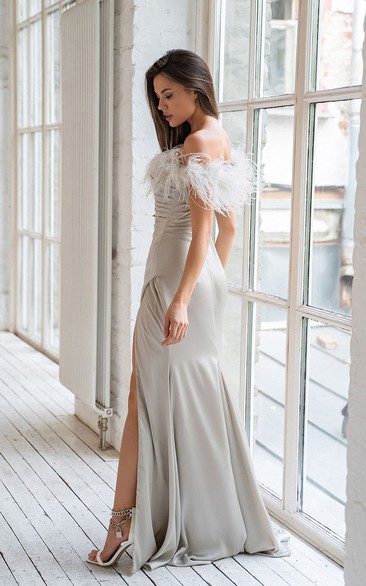 Off the Shoulder Chiffon Floor-Length Dress with Slit Mulberry