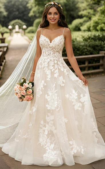 A-Line V Neck Spaghetti Straps Sweep Train Tulle Lace Wedding Dresses With Appliques (7003424) | Ellen Bridals A-Line V Neck Spaghetti Straps Sweep Train Tulle Lace Wedding Dresses With Appliques (7003424) | Ellen Bridals