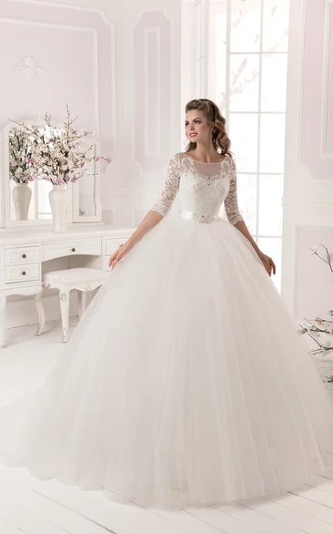 Ball Gown Bateau 3/4 Sleeve Tea-Length Lace Tulle Wedding Dress main image 1