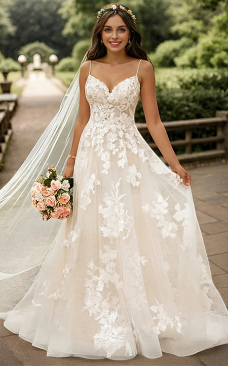 Spaghetti Straps V-neck Applique Tulle Wedding Dress, WD0519