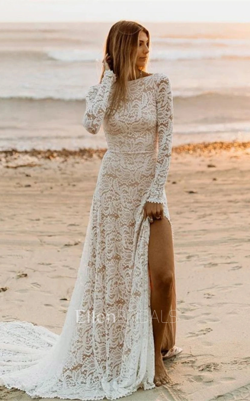 Vintage Lace Long Sleeve Front Slit Deep V Neck Wedding Dress (7003354) |  Ellen Bridals