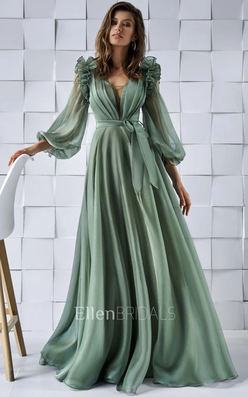 Poet Long Sleeve Plunging Neck Empire Waist Chiffon Dress with Ruching and  Belt (3003326) | Ellen Bridals