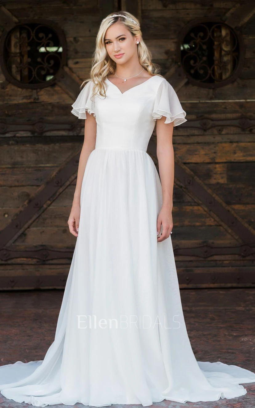 sachin and babi light blue dress A-Line V-neck Short Sleeve Sweep Train Chiffon Wedding Dress with Ruffles  (7000193)