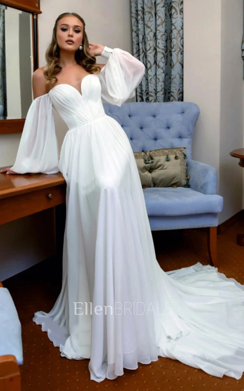 A Line Off-the-shoulder Long Sleeve Court Train Chiffon Wedding Dress with  Corset Back (7000455) | Ellen Bridals