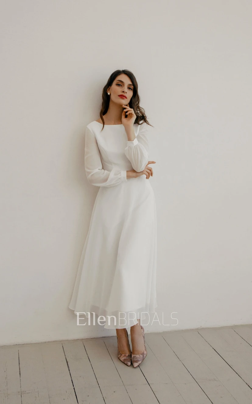 Simple Long Sleeve Civil Elopement A Line Wedding Dress with Low v Back  (7003377) | Ellen Bridals