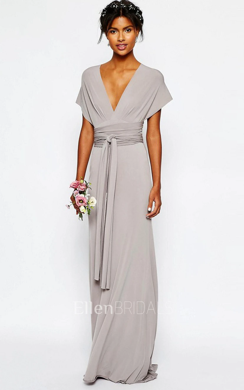 Convertible V-neck Floor-length Jersey Bridesmaid Dresses with Sash/Ribbon  (1000051) | Ellen Bridals